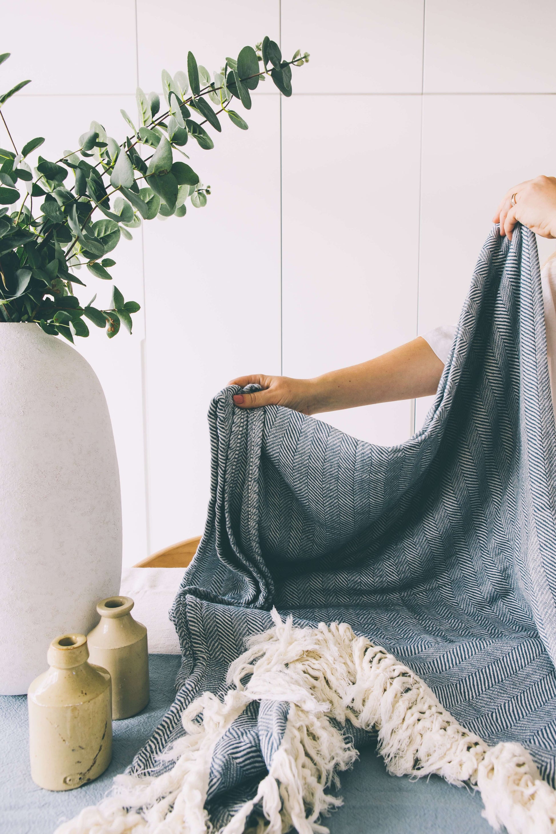 Blue herringbone throw