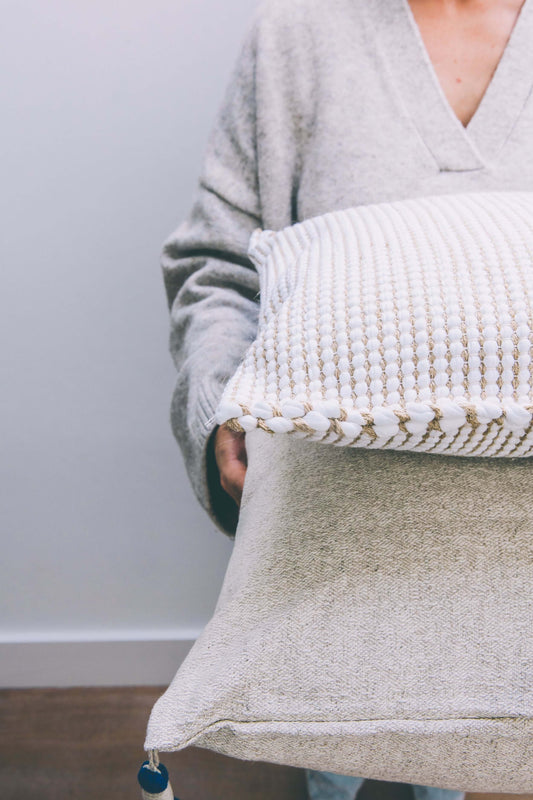 White cotton and jute cushion